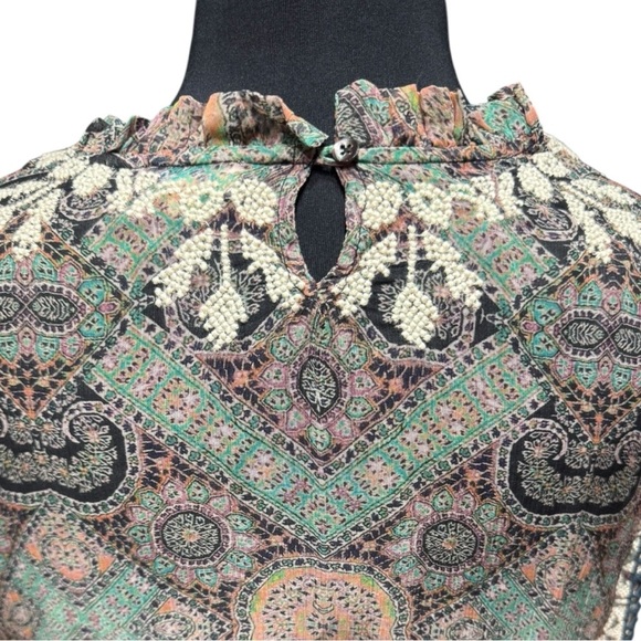 Sundance Bohemian Paisley Embroidered Cupro Blouse Ruffle Keyhole Back Size M - Picture 4 of 8